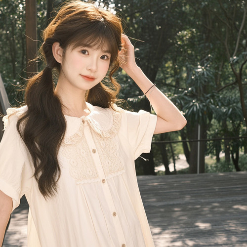 森女部落甜美风蕾丝娃娃领短袖连衣裙女2026年新款宽松夏季裙子