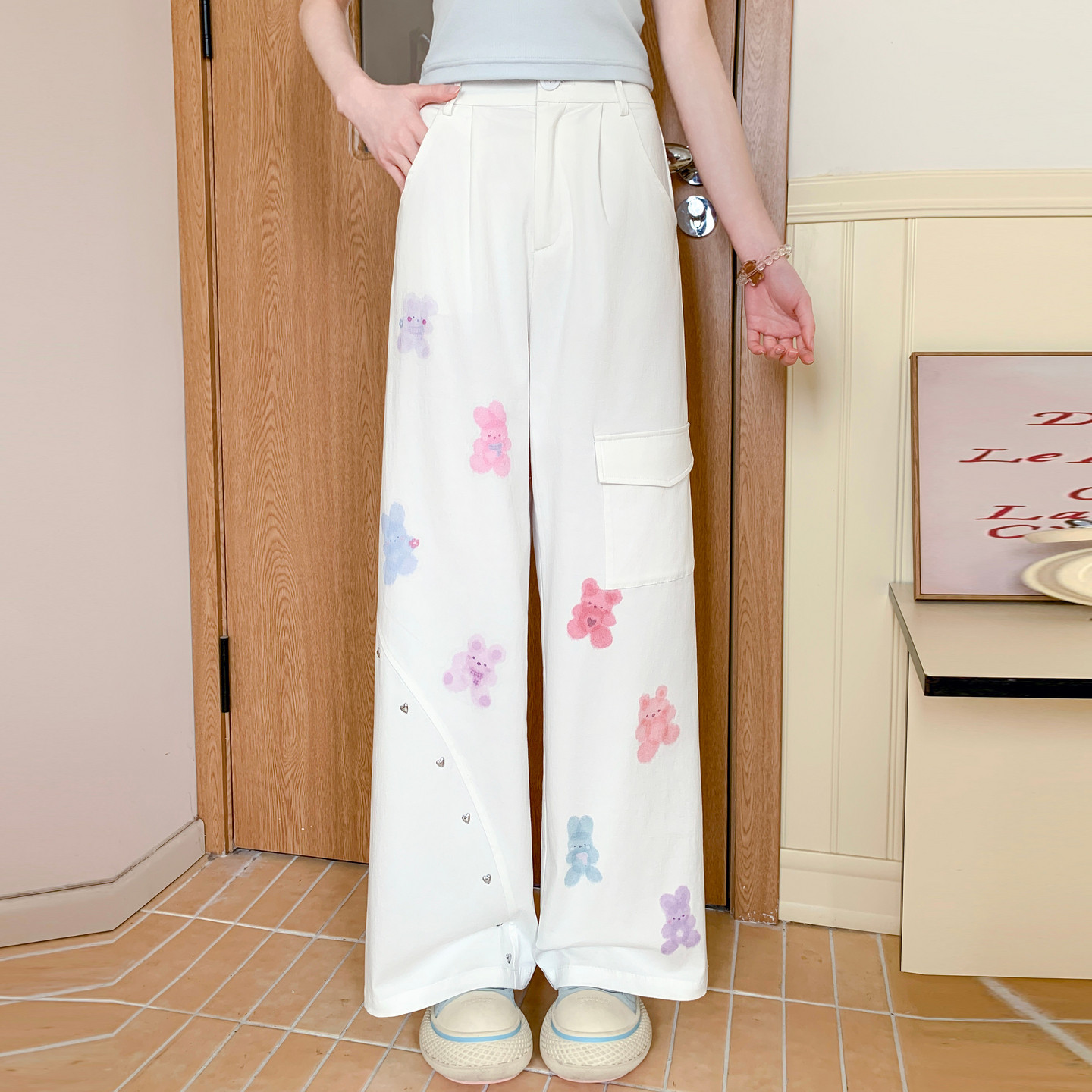 森女部落百搭白色阔腿裤女2026新款设计感小熊甜美宽松休闲裤夏季