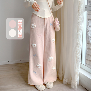 秋冬百搭加绒休闲裤 森女部落甜美风猫咪刺绣宽松高腰阔腿裤 女新款
