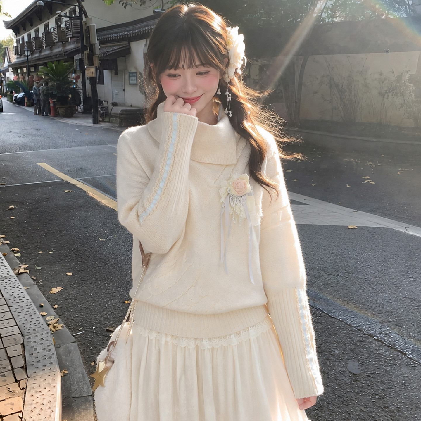 上新限时88折森女部落甜美风杏色半高领毛衣女蝙蝠袖长袖针织上衣