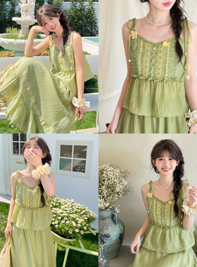 森女部落森系田园绿色蕾丝花边吊带女上衣2026春季新款外穿背心夏