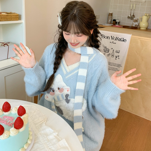 森女部落甜美学院风韩系百搭浅蓝条纹围巾女2026新款秋季保暖围脖