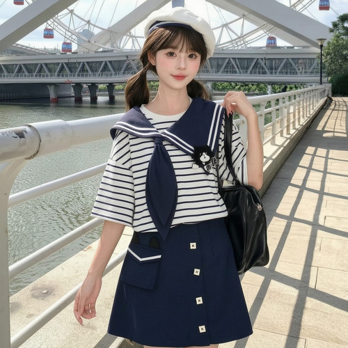 森女部落学院风时尚套装女2026夏条纹不规则水手领百搭T恤短裙夏