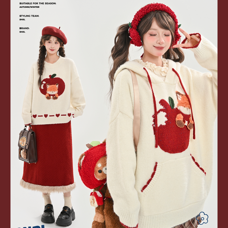 森女部落甜美宽松连帽毛衣女秋冬苹果狐狸刺绣百搭休闲显瘦针织衫