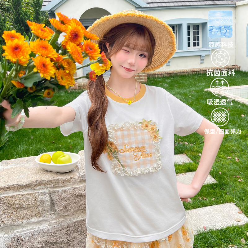 森女部落田园风设计感向日葵刺绣宽松凉感圆领短袖T恤女2026新款
