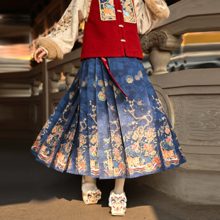 女装 森女部落原创国风新年战袍马面裙百褶印花汉元 素半身裙冬新款