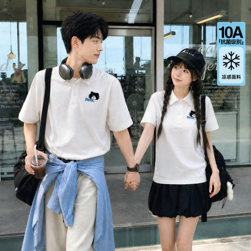 森女部落凉感抗菌情侣PoloT恤女夏季学院风卡通刺绣宽松短袖上衣