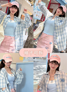 森女部落多巴胺短袖上衣蓝色格子衬衫女夏季宽松长袖衬衣外套