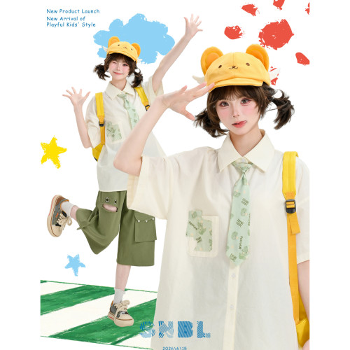 森女部落学生党百搭衬衫女2026新款恐龙印花免打领带宽松短袖上衣
