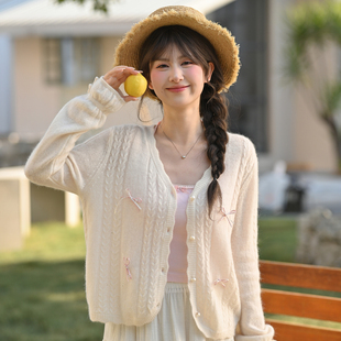 春季 森女部落甜美风米白针织开衫 女51.6%绵羊毛宽松百搭外套新款