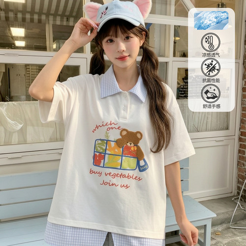 森女部落学院风格子拼接翻领T恤女小熊刺绣凉感宽松短袖上衣夏季