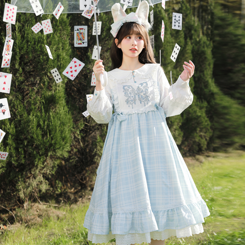 森女部落原创法式格子连衣裙轻lo裙子大摆洋气收腰假两件2025春款