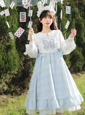 森女部落法式格子连衣裙轻lo裙子大摆洋气收腰假两件连衣裙春秋款