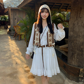 宽松百搭叠穿钩花马甲春 女新款 森女部落波西米亚风连衣裙时尚 套装