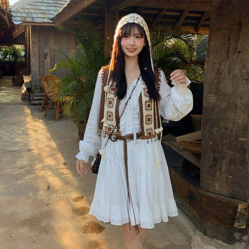 森女部落波西米亚风连衣裙时尚套装女新款宽松百搭叠穿钩花马甲春