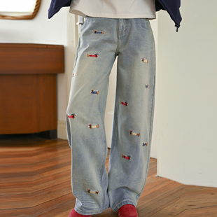 森女部落蜡狗刺绣牛仔裤女春季新款水洗甜美风宽松显瘦高腰阔腿裤