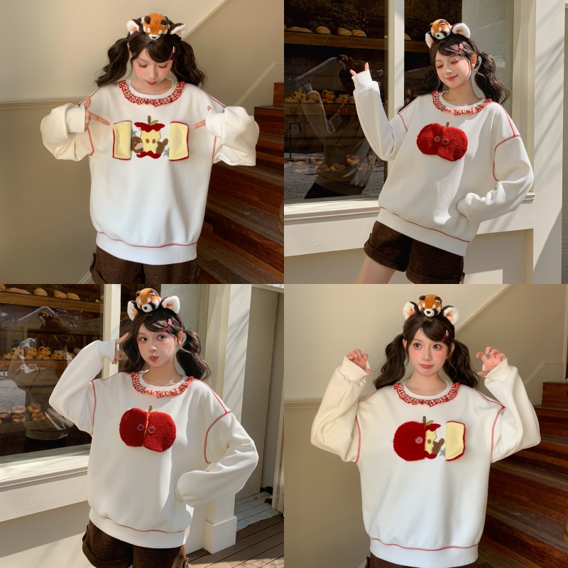 森女部落原创甜美圆领加绒卫衣女2025新款苹果刺绣设计感长袖冬季