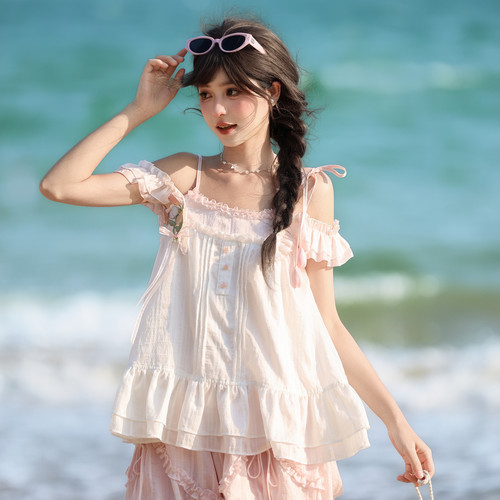 森女部落甜美风郁金香设计感莱赛尔露肩上衣2026新款初夏绝美套装