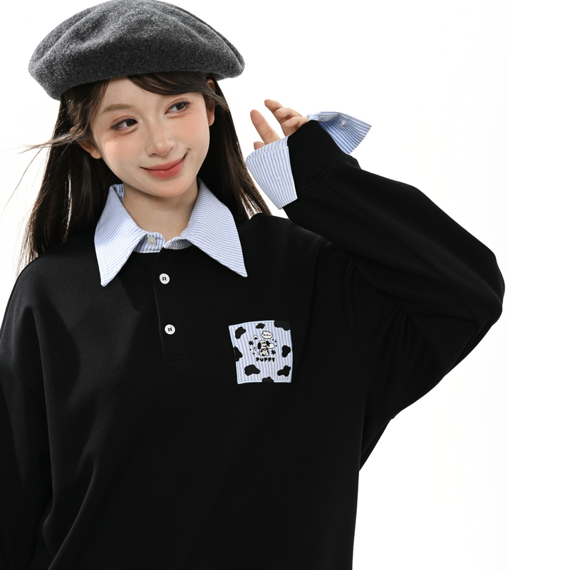 森女部落学院风假两件设计感黑色卫衣女2025新款百搭宽松上衣秋季