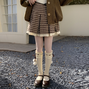 森女部落学院风蕾丝花边设计感格子百褶裙女显瘦高腰A字半身裙冬