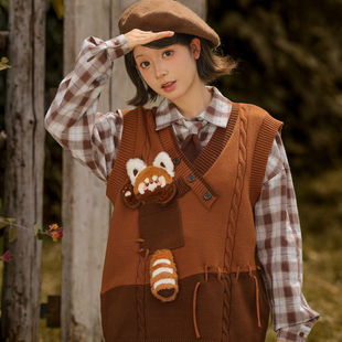 森女部落复古美拉德棕色V领针织马甲女毛背心春秋款 内搭叠穿上衣