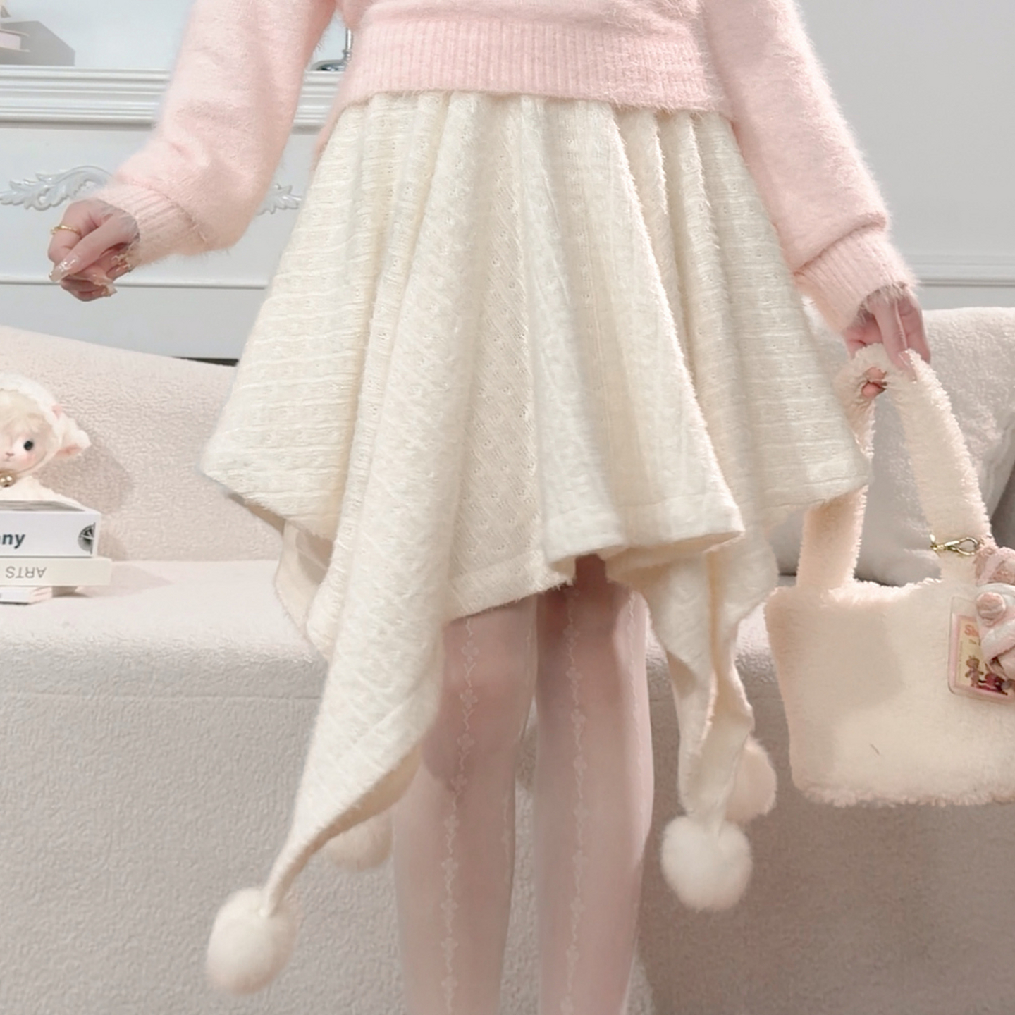 森女部落甜美风设计感毛绒高腰半身裙女新款百搭不规则A字裙冬季