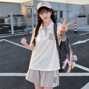 森女部落元气少女休闲套装女粉灰拼色网球小熊透气宽松短袖短裤夏