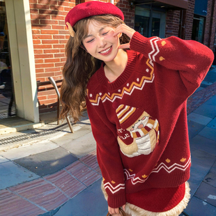 冬 女装 森女部落原创萌趣小蛇图案红色新年款 宽松休闲毛衣2025冬季