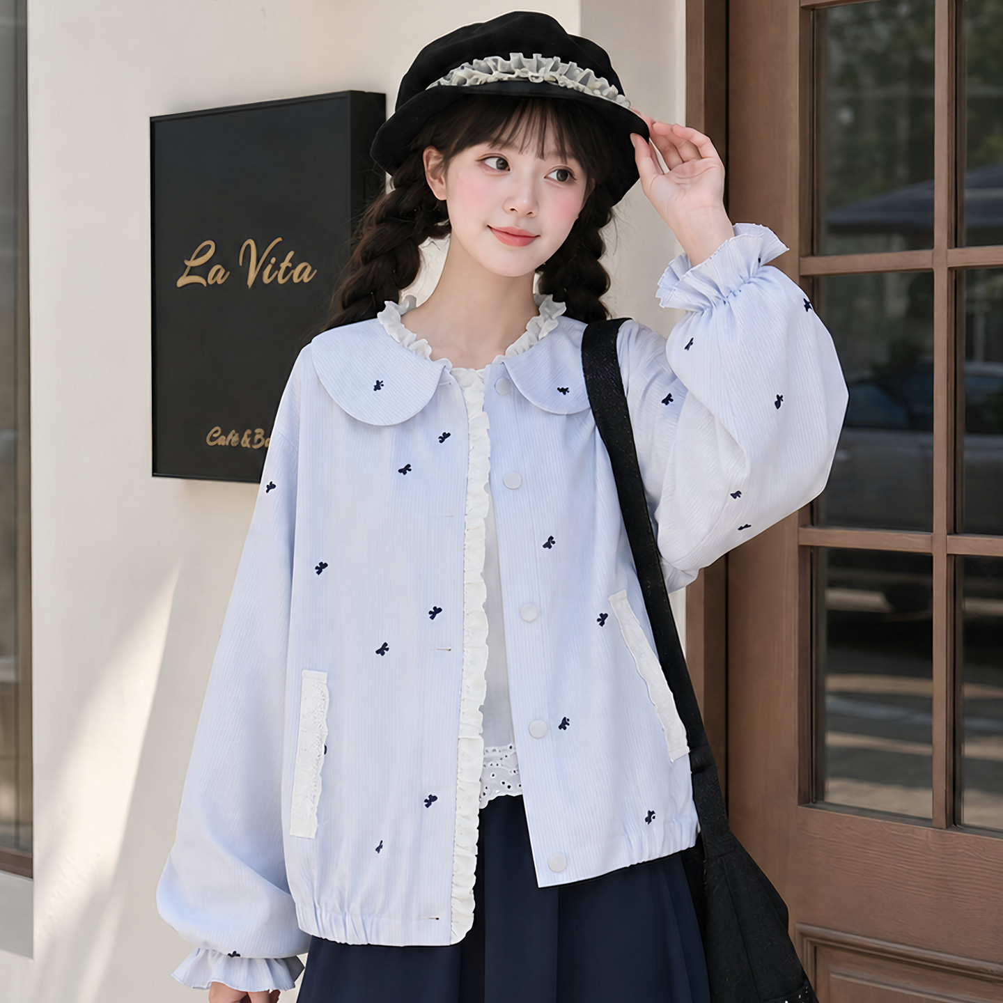 森女部落学院风蕾丝拼接设计感娃娃领外套女新款宽松外搭秋季