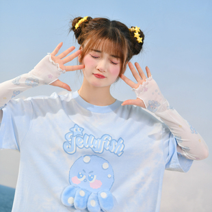 搭配女2025年春夏新款 原创森女部落萌趣章鱼印花袖 套百搭防晒夏季