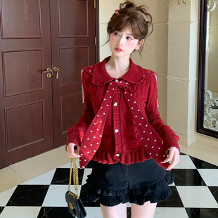 森女部落甜美风波点设计感显白红色针织开衫女2026新款过年毛衣春