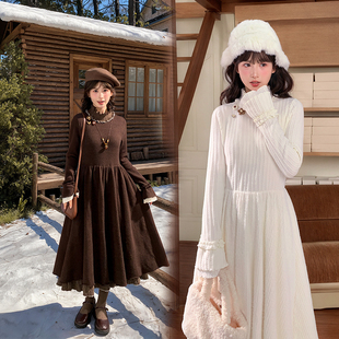 森女部落温柔森系长袖 高领设计感大裙摆针织A字裙冬 连衣裙女新款