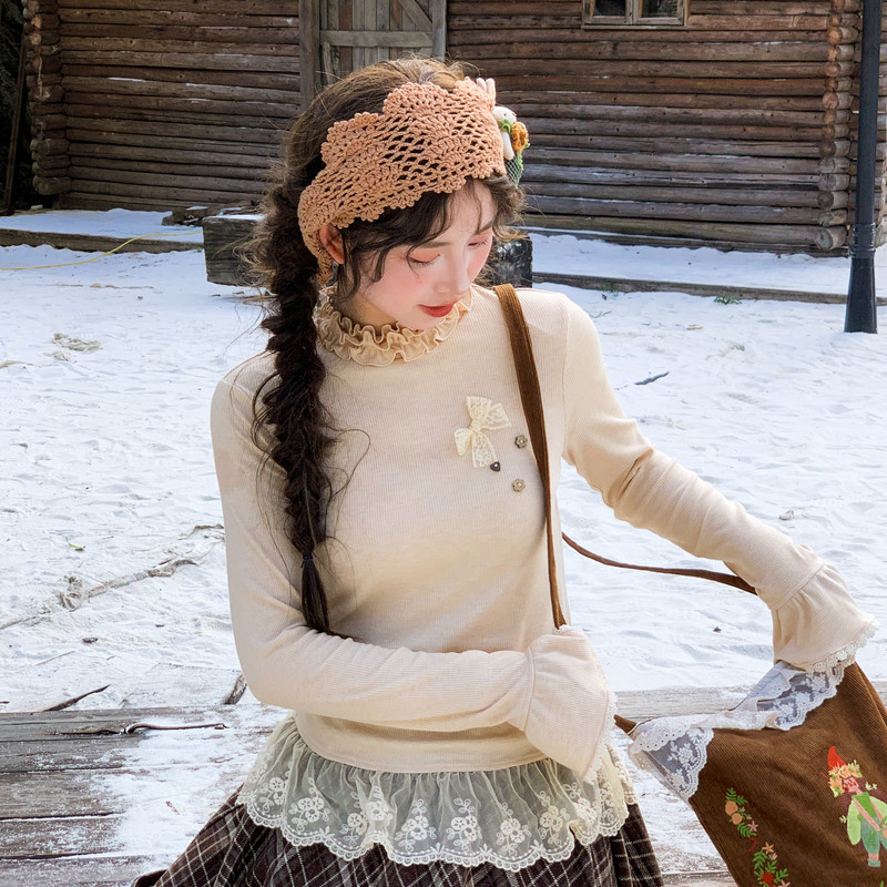 森女部落甜美风设计感蕾丝花边修身T恤女2025新款百搭长袖上衣秋,女装/女士精品,T恤,淘宝优惠券,粉丝福利购,淘宝优惠卷