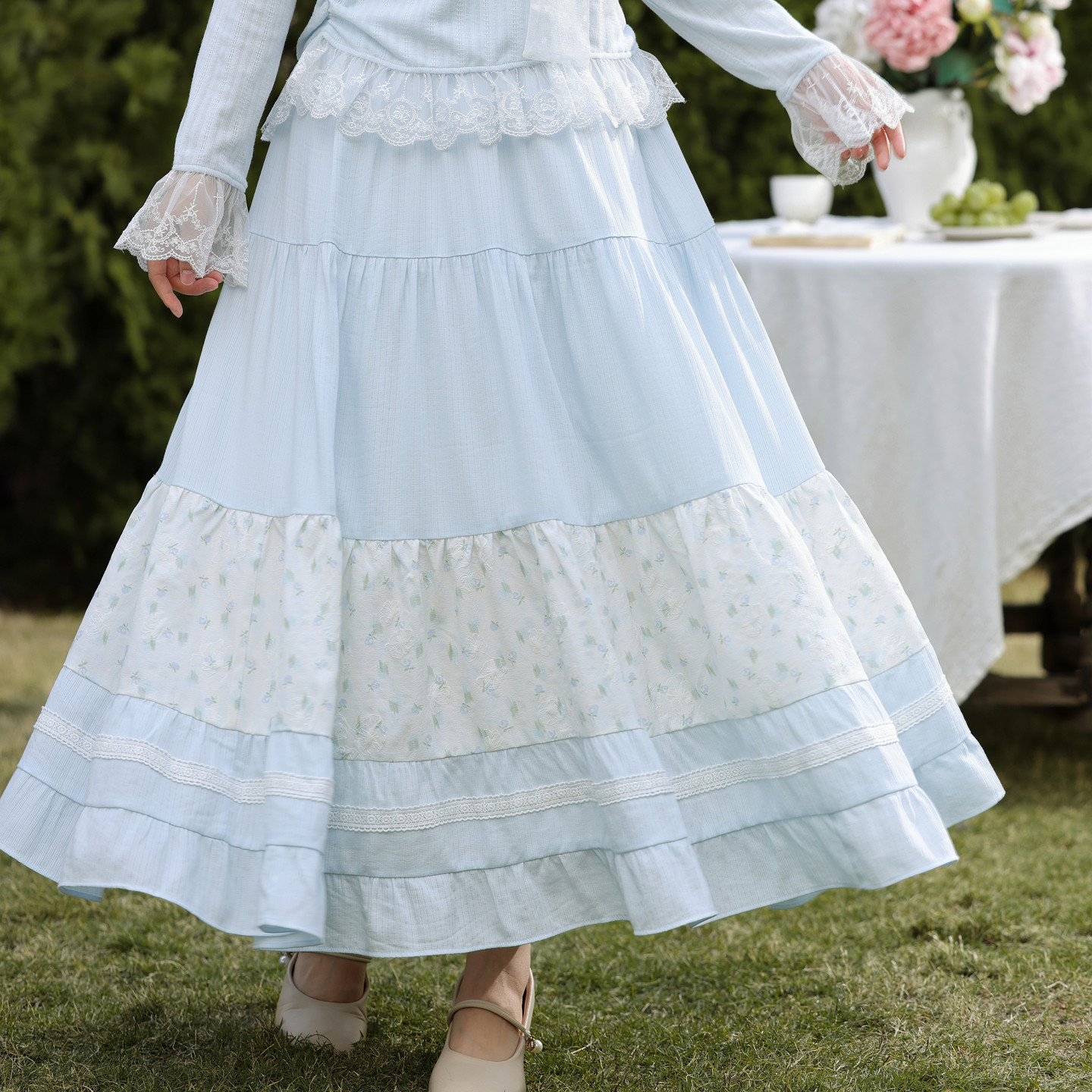 森女部落甜美风碎花拼接设计感高腰半身裙女新款大裙摆百搭长裙春