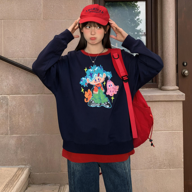 甜酷风卡通印花纯棉圆领卫衣女秋