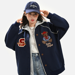 宽松上衣秋季 森女部落美式 复古小熊刺绣百搭棒球服外套女2025新款