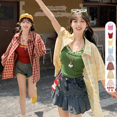设计感多巴胺长袖格子衬衫女吊带