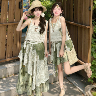 森女部落原创设计感波西米亚蕾丝拼接度假套装 裙子度假海边半身裙