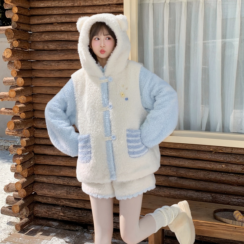 森女部落甜美风熊耳连帽马甲女2025新款毛绒宽松显瘦拼色保暖外套