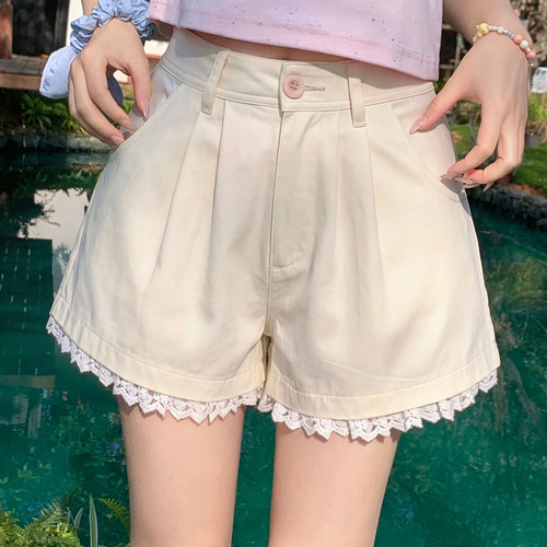 森女部落软妹纯色百搭短裤女2026新款蕾丝拼接小个子高腰休闲裤夏