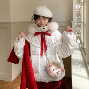 森女部落甜美风红波点90白鸭绒连帽羽绒服女2025新款 三防外套 冬季