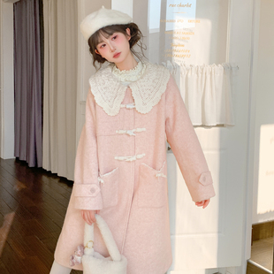 森女部落甜美风粉色中长款呢子大衣女新款设计感蕾丝领毛呢外套冬
