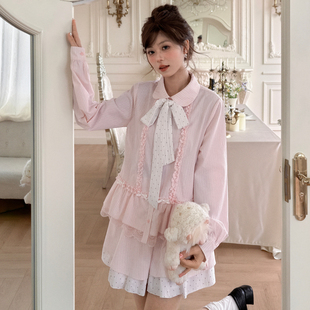 百搭上衣春季 森女部落甜美风蕾丝拼接设计感娃娃领衬衫 女2026新款