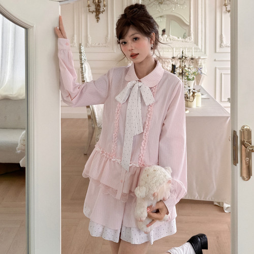 森女部落日系甜美少女感粉色娃娃领长袖衬衫女春2026秋小个子上衣