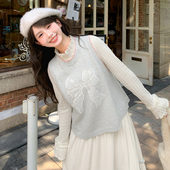 森女部落秋冬灰色针织马甲女宽松撞色甜美风蝴蝶结刺绣百搭上衣秋