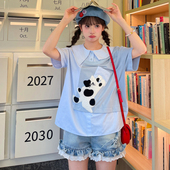 森女部落设计感翻领原创短袖 宽松新款 绣花上衣T恤女2026初夏穿搭