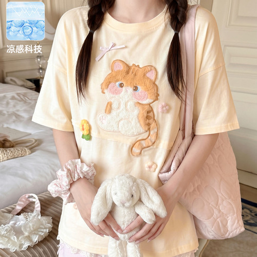 森女部落甜美猫咪贴布设计感学生党T恤女凉感百搭宽松短袖上衣夏