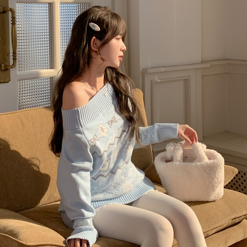 甜美早秋费尔岛针织衫女露肩毛衣