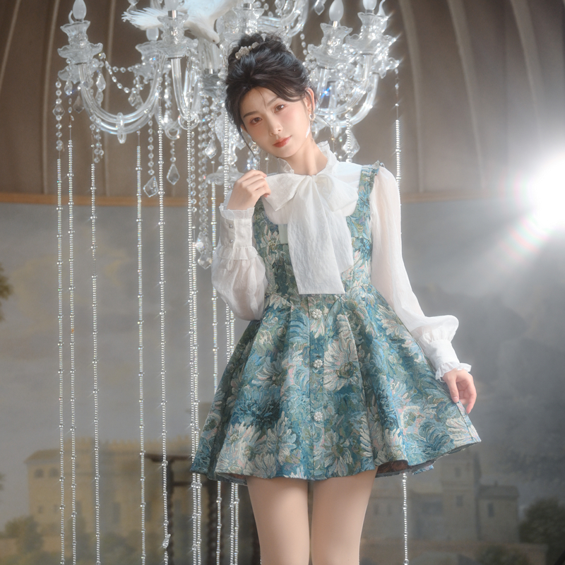 森女部落原创背带连衣裙雪纺衬衫