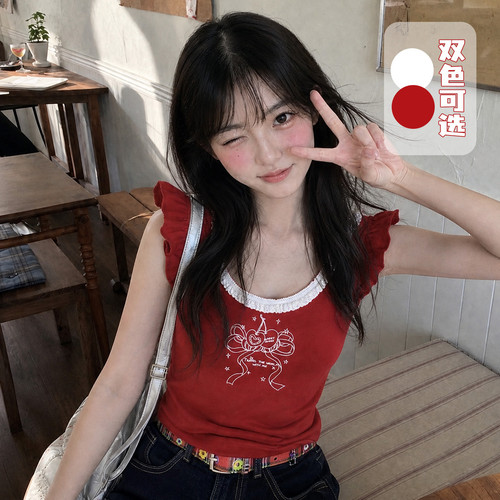 森女部落甜美风樱桃刺绣背心新款荷叶边修身显瘦外穿短款上衣夏